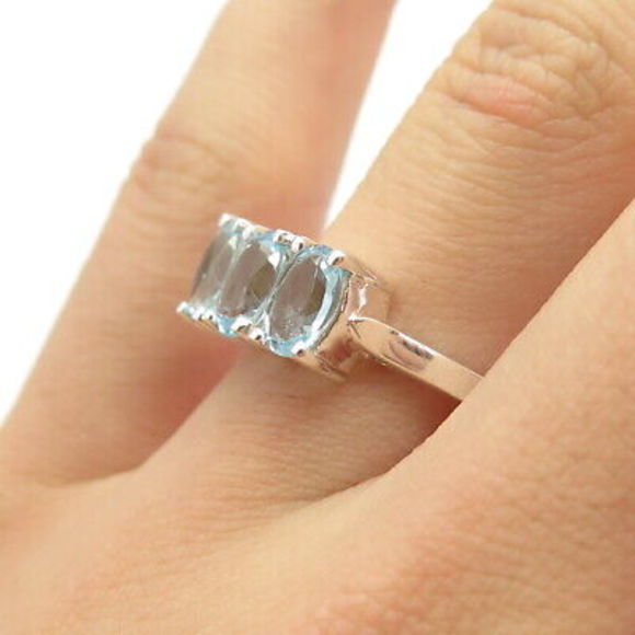 925 Sterling Silver Real Blue Topaz Gemstone Ring Size 7 1/4 - Picture 2 of 7